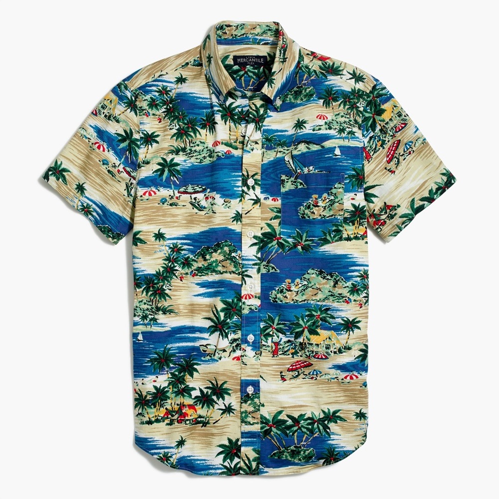 J. Crew Mercantile Slim Flex Tropical Island Short Sleeve Button Down Shirt SZ M
